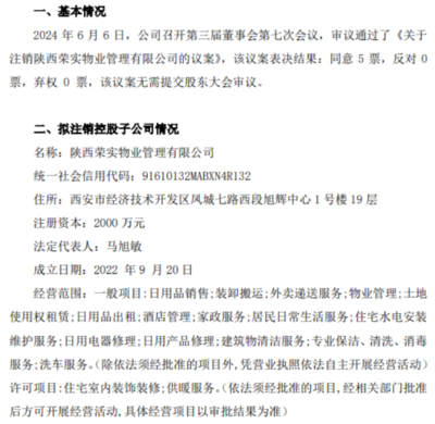 荣鑫股份拟注销控股子公司陕西荣实物业管理，优化业务结构聚焦主业
